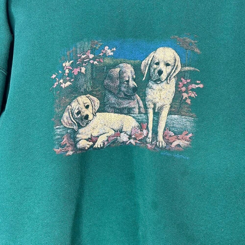 Vintage 90s y2k 2000s Green crewneck sweatshirt yellow Lab Labrador dogs puppy - Picture 7 of 8